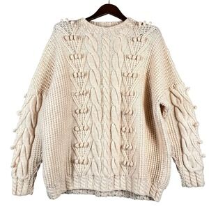 VTG Irish Handknit Pure New Wool Sweater XL Cream Cable Aran Fisherman Popcorn